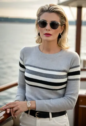 (masterpiece, best quality:1.2), 1 czech 40yo woman, high-society lady in a video clip, (she wears a grey block striped white sweater, black leather pants and high heels:1.4), outdoors on board a luxurious sailing ship, short slicked-back platinum blonde hair, (retro styled with jewelry, earrings, bangles, mirrored retro sunglasses:1.4), brown eyes, photorealism, <lora:style_lora_realis:.5>, <lora:slicked-back_hair-000006:.5>