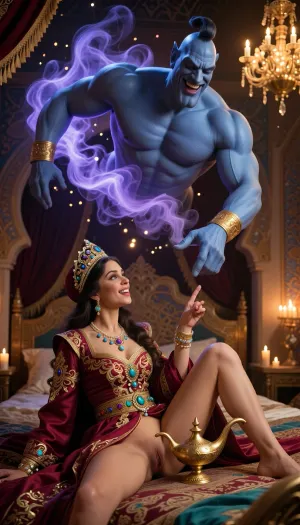 A photorealistic cinematic Arabian Nights... Masterpiece, vertical composition inside a magnificent royal Arabian palace bedroom, with warm low lighting from candles and golden chandeliers. The gigantic 6 meter tall genie dominates the entire upper half of the image, floating freely above a lavish canopy bed. His massive upper body formed from one continuous swirling vortex of living blue-purple smoke, visible arms and chest, gently turning and leaning toward the princess, warm gentle smile, expressive eyes meeting hers, jeweled turban and golden armlets subtly embedded in the smoke, glowing particles drifting around him. The princess is in the lower left quarter of the frame, The princess is depicted as very small in relation to the size of gigantic 6 meter tall genie, she is visible just in the bottom-left corner, Seated cross-legged on the bed, actively polishing a small traditional golden magic lamp with the classic rounded body and curved spout. She's wearing a richly embroidered crimson and burgundy silk gown with gold filigree, turquoise gems, emeralds, rubies, and pearls, and an ornate royal crown. Her posture is naughty, head tilted up, The princess is flirting intensely with the genie, she sits in a seductive pose, naturally facing the genie, she has her legs wide open and is showing the genie her wet vagina, they make intense eye contact, Their bodies are turned towards each other, his gigantic hand points between her legs, the genie laughs loud, keep textures ultra-detailed, cinematic volumetric lighting, warm amber highlights, turquoise shadows