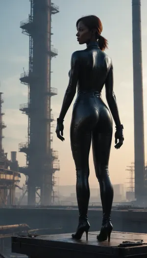 masterpiece, best quality, 8k, (a woman in a glossy black skin-tight suit standing on a damaged metal platform, on the side of a gigantic, endless industrial wall:1.3), athletic physique, (holding a tattered paper map:1.2), (), (below stretch industrial dystopia, abandoned giant chemical plant:1.3), exposed broken pipes, wires, hydraulic mechanisms, steam hissing from ruptures, (dark sky with searchlights:1.2), backlighting, (only her black silhouette is visible against the light:1.5), (vast empty space below, filled with pipes and machinery:1.2), cinematic, dramatic, atmospheric, (style of Blade Runner 2049, concept art by Simon Stålenhag), volumetric light, haze, photorealistic