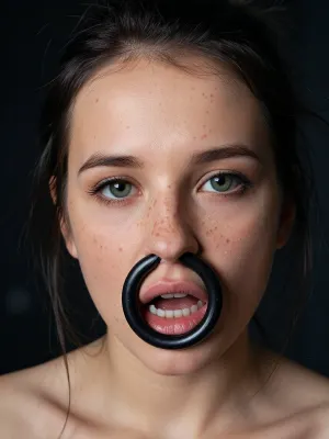 A close-up portrait of a young woman with fair skin and freckles, her face filling the frame. She has wide, expressive green eyes with dark eyeliner, looking directly at the viewer with a slightly open mouth revealing her teeth. Her dark brown hair is pulled back, appearing slightly messy and tousled. A large, black circular ring is inserted through the septum of her nose, creating a striking focal point. She is bare-shouldered, suggesting minimal or no clothing. The lighting is direct and even, highlighting the texture of her skin and the details of her facial features. The background is dark and out of focus, ensuring the subject remains the central focus. The overall mood is intense and confrontational, with a raw, unfiltered aesthetic. The image is shot in a realistic, documentary style with high detail and sharp focus on the face, creating a powerful and slightly unsettling portrait.