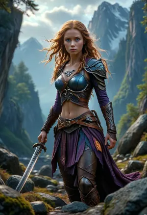 full body cinematic photo, dynamic pose, action photo, offset view, Young woman warrior, strength, determination, glowing sword with inscription, stone runes, wooden runes, talisman, glowing runes, oracle, Scandinavian Mountains, mw01out, FlshfrGR, ral-mytfrst, (long wavy ginger hair), (dark purple armor), bright, blue, eyes, <lora:Medieval_Worlds_outsidexl:1.5>, <lora:ral-mytfrst-sdxl:1.2>, <lora:MJ52:1.1>, <lora:Wizards__Mages:1.5>, <lora:bright_blue_eyes:.8>