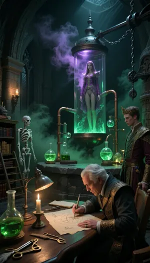 Fantasy setting, cgi Render with imperfections saturated dark green colors Style, The scenario is enveloped in the deepest darkness imaginable, filled with thick, swirling steam and dust that obscures every surface, The air is heavy and thick, and no ray of light penetrates the suffocating haze, (Dark room), candle light, strong saturated poisonous dark green color grading across the entire scene, overwh- overwhelming darkness dominates a colossal cathedral-scale underground royal alchemical laboratory. Sparse wall torches, emerald reaction flasks and glowing vessels create isolated pools of light that fade naturally into deep shadow. Dense poisonous emerald vapor drifts through the immense chamber, thick violet magical vapor envelops the suspended creation vessel, Individual lit stations reveal the disciplines of forbidden creation, A massive stone dissection table with antique surgical instruments, preserved specimens and a- life-sized teaching skeleton on a wooden stand. A heavy oak drafting table lit by a bright glass oil lamp, covered with technical drawings, Vitruvian proportion studies, feather quills, brass dividers and parchment. surrounding shelves with leather-bound volumes and a rolling ladder. Interconnected glass retorts, distillation columns, copper tubing, bubbling reaction vessels, glowing green fluids continue their quiet work in the background. Monumental forged iron rail systems, pulleys, counterweights, heavy chains engineered to move enormous vessels with precision. The alchemist, 64 years old, concentrates on precise drawings with quill and compass while the apparatus behind him quietly bubbles. A prince, 31 years old, in ornate royal medieval clothing with a small crown watches silently from the surrounding shadow. The princess, 28 years old, stands at true adult scale inside a spacious suspended glass vessel, visible from head to feet within glowing green fluid, violet vapor gently veiling her form. Every visible element serves the singular purpose of creating human life through forbidden royal alchemy, centuries of continuous experimentation and sacred study.