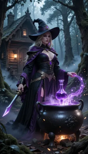 High fantasy witch in black and purple robe and pointed hat, holding magic dagger in hand, standing in front of ancient wooden hut deep in enchanted forest, preparing glowing purple demonic potion in large iron cauldron, glowing particles and sparks, swirl of violet mist around her, mystical fog between trees, ethereal atmosphere, dramatic cinematic lighting, highly detailed, sharp focus, epic fantasy art.