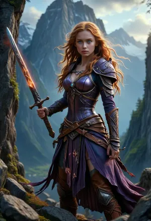 full body cinematic photo, dynamic pose, action photo, offset view, Young woman warrior, strength, determination, glowing sword with inscription, stone runes, wooden runes, talisman, glowing runes, oracle, Scandinavian Mountains, mw01out, FlshfrGR, ral-mytfrst, (long wavy ginger hair), (dark purple armor), <lora:Medieval_Worlds_outsidexl:1.5>, <lora:ral-mytfrst-sdxl:1.2>, <lora:MJ52:1.1>, <lora:Wizards__Mages:1.5>, bright, blue, eyes, <lora:bright_blue_eyes:.8>