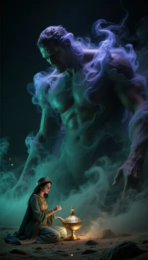 Fantasy setting, cgi Render with imperfections saturated dark green colors Style, The scenario is enveloped in the deepest darkness imaginable, filled with thick, swirling steam and dust that obscures every surface, The air is heavy and thick, and no ray of light penetrates the suffocating haze, Wide cinematic establishing shot with strong negative space above, camera pulled back, strict composition. The princess is ultra small in scale, confined to the lower left quarter only, seated cross-legged, polishing a traditional golden Arabian lamp with a rounded body and curved spout. A colossal gin towers over her, filling the entire upper half of the frame, massive shoulders and arms formed from a continuous swirling blue-purple smoke vortex, leaning down toward her, clear eye contact, gentle smile. Minimal micro-details on her outfit, just elegant royal Persian princess silhouette, focus on scale and interaction.