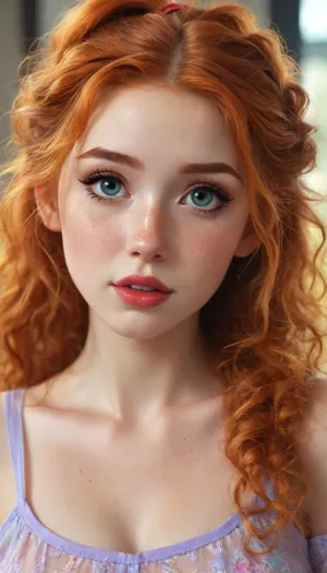 Most beautiful ginger girl ever, 18 years old, sweet, innocent, shy, happy, freckles, curly hair, ponytail, puffy nipples, moaning, transparent open dress, psychedelic, art, drdjns, style, SamDoesArts, perfecteyes, kawaii, makeup, <lora:drdjns:.8>, <lora:SDXLSamDoesArts:.8>, <lora:lora-sdxl-perfect-eyes:.8>, <lora:KawaiiMakeupXLv2:.8>