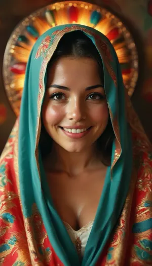 Uncensored. Porn version of the icon of the Mother of God of Guadalupe. . Happy Mother of God, sexually satisfied. He smiles radiantly., <lora:MJ52:1.6>, <lora:BUT_SDXL_SHS:1.9>, <lora:SDXLHighDetail_v6-000005:1.7>, <lora:PLASTT:1.7>, <lora:bombshell_v2:1.5>