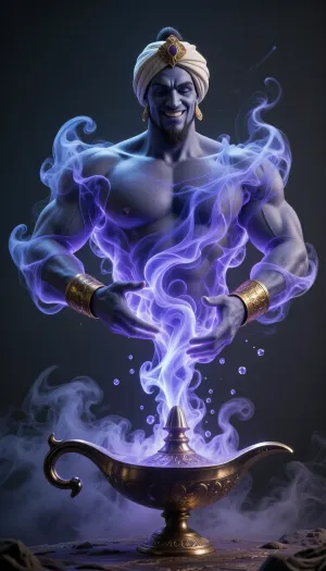 A photorealistic cinematic study of a colossal magical genie forming entirely from living blue-purple smoke, clean neutral dark background. Lamp with an elegant curved pouring spout. Dense magical smoke rises directly from the narrow opening at the tip of the pouring spout, becoming one continuous rolling vortex. The smoke itself gradually sculpts broad shoulders, a powerful chest, strong welcoming arms, and a majestic face, warm smile, royal turban, golden armlets. Every visible part of the figure is naturally shaped from dense swirling magical smoke, smooth transitions from vapor into form, glowing smoke particles, floating freely, colossal scale, dramatic volumetric lighting, fantasy realism, ultra-detailed smoke texture, photorealistic masterpiece.