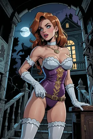 In the style of Jab Comix, cartoon style, Daphne Blake in a haunted house, jib, jab, jabstyle