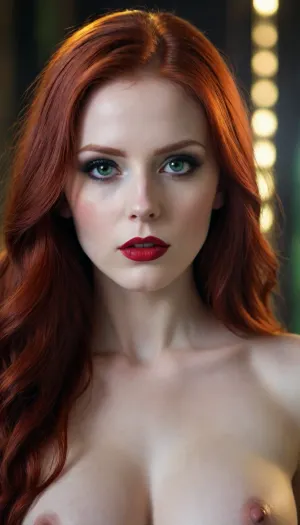 Gothic girl, slim body, huge breast, long redhead hair, green eyes, dark make up, red lips, very pale skin, naked, shaved vagina, side