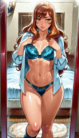 Chunky 20 year old adult woman, brunette hair, wavy long hair, small chest, Green eyes, In a bed room getting dressed, panties on, bra on, standing in front of a mirror, putting on socks, button up shirt is un buttoneded, exposing bra, flirty, (reiq style:1)