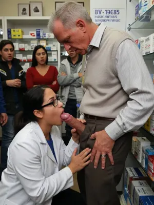 In a pharmacy, a Latina pharmacist, wearing glasses and a lab coat, advises an elderly man on which medicine to buy, The old man has his hard penis sticking out of his pants, The pharmacist She is kneeling, performs oral sex on the old man's penis with Very cum in her mouth, Several people watch the scene in horror.