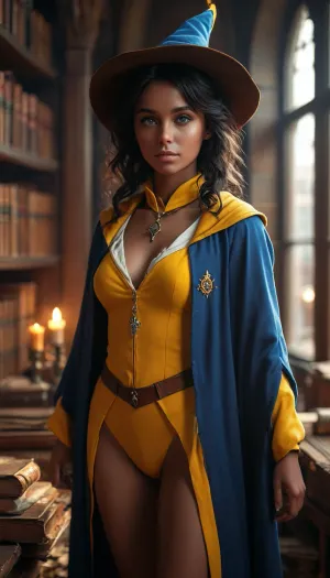 (warm ambient light:.5), (shadows:.4), 8k, best quality, (masterpiece), (intricate details), 1 22 year old girl, in old bibliothek, full body view, (dark skin:1.5), black hair, perfect eyes, perfect face, perfect lighting, beautiful, high detail, octane render, detailed eyes, (full-body shot), (sexy female wizard student), wizard wand, yellow wizard hat, yellow wizard school uniform, yellow wizard cloak, boots, black eyeliner, deep cleavage, firm breasts, athletic body, golden necklace, no panties, JS_ShortSkirt, bright, blue, eyes, <lora:MJ52:.8>, <lora:Portrait_perfection:.8>, <lora:bright_blue_eyes:.8>