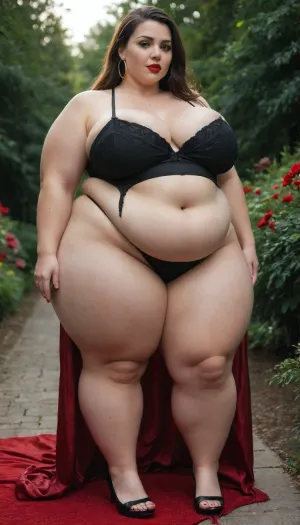 Brunette SSBBW, (massive 600 pounds, obese), with long hair, (90s hairstyle), big gold hoop earrings, conservative makeup, (dark eyeliner, scarlet lipstick), Plump, fat, obese, hourglass shape, massive fat thick thighs, (very large heavy breasts), big woman. Massive belly, Wide belly, Belly rolls, fat rolls, fat arms, fat neck. Super obese, proportionately obese.

View from the front, (close view), (tradwife), (housewife), evening lighting, outside in a flower garden, red carpet environment., (Black dinner dress, mid-thigh), . Ultra Morbidly obese. Morbidly obese. Extreme obese.