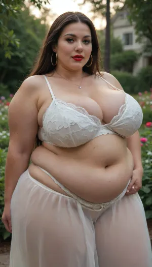 Brunette SSBBW, (massive 600 pounds, obese), with very long hair, (90s hairstyle), big gold hoop earrings, conservative makeup, (dark eyeliner, scarlet lipstick), Plump, fat, obese, hourglass shape, massive fat thick thighs, (very large heavy breasts), big woman. Massive belly, Wide belly, Belly rolls, fat rolls, fat arms, fat neck. Super obese, proportionately obese.

View from the front, (close view), (tradwife), (housewife), evening lighting, outside in a flower garden, garden path. Ultra Morbidly obese. Morbidly obese. Extreme obese.