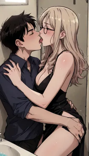 ((markgavatino style)), Melkor mancin style, Milf, wavy natural blonde hair. Sex in airport bathroom., (wearing a condom), Glasses. Hungry seductive expression. Begging for more. Sexy black cocktail dress. Little Black dress. Loose ringlets, bimbo body, small breasts, Seductive. trembling, quivering, whole body orgasm. flirty, high contrast, one man is fucking her pussy as he thrusts his cock deep inside her. Tight embrace. black evening dress. Dynamic pose. Uncontrollable orgasm. She leans her back against him, and he supports her as she cums so hard her knees go weak. Passionate embrace. Pressing her body against his. Lust. Undressing, Orgasm. Screaming. Shouting, "Fuck me harder! I'm cumming! I'm cumming!" Pubic hair., public. Airport., (dramatic lighting:1), perfect hands, perfect fingers. ratatatat74, kousaka, kirino, gokou, ruri, izumi, sagiri, himemori, luna, sakura, miko, tsunomaki, watame, <lora:LCMTurboMix_Euler_A_fix:.5>, <lora:ratatatat74-000050:1.5>, <lora:mk_Bp Anime_xl:2>, <lora:Kanzaki Hiro_XL:1.7>, french, kiss, <lora:french_kiss_xl_v1:.8>