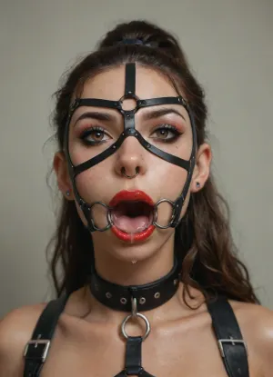 ((30 years old, Tipical italian girl, fit body, fake booobs, perfect cute face, curly very long brown hair in ponytail, brown eyes, light freckles, bimpo lips, skin pores, smooth skin, round ass, hips gap, oiled body)), ((heavy goth makeup, eyeshadow, eyeliner, mascara, red lipstick)), (slave collar), ((nose ring piercing, septum piercing:1.5)), (wearing a black thong), ((face harness gagged mouth:1.5)), ((drooling saliva from mouth, lot of saliva)), in a country apartment, chiaroscuro, style, dim, light, ball, gag, spider, bit, ring, <lora:add-detail-xl:1.3>, <lora:polyhedron_chiaroscuro-000005:.8>, <lora:detailed_notrigger:1.2>, <lora:gagged-4e:.8>