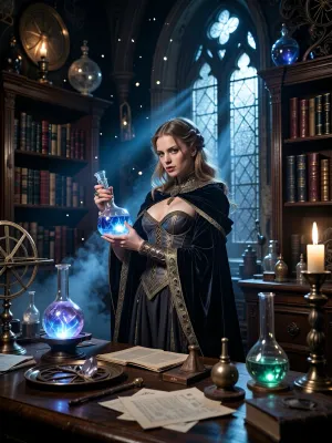A breathtaking cinematic photograph capturing the princess’s secret midnight visit to the royal alchemist’s mystical laboratory. In the center stands a beautiful and elegant young woman with a wary expression, dressed in a medieval velvet cloak over a gold-embossed leather corset and a long dark skirt. She carefully holds a glowing potion in a glass flask, gazing warily at the viewer. The alchemist’s study is filled with a multitude of antique books on tall wooden shelves, brass astrological instruments, flasks containing multicolored liquids, and scattered alchemical notes. The dramatic moonlight streaming through a tall, latticed window creates a mysterious and tense atmosphere. Glowing particles floating in voluminous beams of light, magical mist, warm candlelight, high level of detail, photorealism, ultra-detailed textures—a masterpiece.