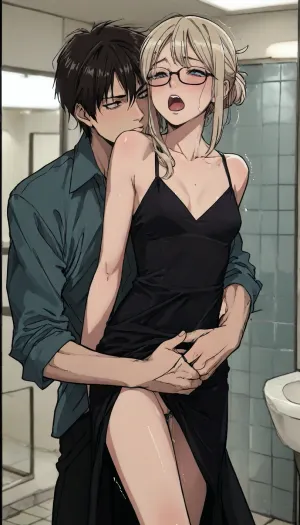 (((focus on her enjoyment:1.2))), ((markgavatino style)), Melkor mancin style, Milf, wavy natural blonde hair. Sex in airport bathroom., Glasses. Hungry seductive expression. Begging for more. Sexy black cocktail dress pulled above her hips to show her pussy. Little Black dress. Loose ringlets, small breasts, Seductive. trembling, quivering, whole body orgasm. flirty, high contrast, one man is fucking her pussy as he thrusts his cock deep inside her. Tight embrace. black evening dress. Dynamic pose. Uncontrollable orgasm. She leans her back against him, and he supports her as she cums so hard her knees go weak. Passionate embrace. Pressing her body against his. Lust. Undressing, Orgasm. Screaming. Shouting, "Fuck me harder! I'm cumming! I'm cumming!" Pubic hair., public. Airport., (dramatic lighting:1), perfect hands, perfect fingers. ratatatat74, kousaka, kirino, gokou, ruri, izumi, sagiri, himemori, luna, sakura, miko, tsunomaki, watame, <lora:LCMTurboMix_Euler_A_fix:.5>, <lora:EnvyBeautyXL02:1.5>, <lora:ratatatat74-000050:1.5>, <lora:mk_Bp Anime_xl:2>, <lora:Kanzaki Hiro_XL:1.7>