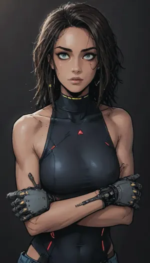 score_9, score_8_up, score_7_up, source_anime, close up portrait, Masterpiece, dynamic view, 1woman, 35 years old, mature, tall, (an african woman, african face features, african art, long Dreadlocks, dread rings, undercut, very homogeneous skin, very dark skin, black skin, perfect big breasts, sleeveless shirt, sideboob), (cyborg with bionic limbs and body:1.4), (realistic:1), (leaning forwards, open eyes, own arms pushing breasts tight together, looking at viewer:1.4), wide jaw, (A detailed anime drawing with clean lines and meticulous shading, flat colors, line art, no gradients), realistic anatomy, (cyberpunk City in background, daylight), Moebius, detailed face, (Jean, Giraud), page, lineart, <lora:Moebius (Jean Giraud) Style:1>, <lora:outline_xl_kohaku_delta_spv5x:1>, <lora:lineartSDXL:1>, Andava, Andavaverse, realistic drawing, ((markgavatino style)), Melkor mancin style, masterpiece, simple background, <lora:mk_Bp Anime_xl:.1>, <lora:Mecha_Ggorgeous_Armor-000011:.8>