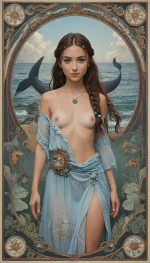 Art Nouveau style, katara Looks like a blue queen of the ocean, ((Art Nouveau ornament of dolphins, whales, turtles)), (((Sea themes))), (((katara hair with blue eyes))), (((fins and spray))), novuschroma, style, Ivan, Bilibin, Style, page, intricate revealing tribal dress, small breasts with stiff nipples, beautiful, tan, slight smile, very high slit skirt revealing pussy and pubic hair, <lora:124_novuschromaSXL_a4:.8>, <lora:Ivan Bilibin Style:.8>, <lora:nobrav1_SDXL:.6>