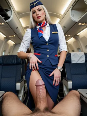 alone, Gorgeous woman, airplane, first class, stewardess uniform long skirt blue uniform vest with white blouse whit 3/4 sleeves hat and red-blue scarf, bracelet watch, silver bracelet, golden label with text "Veronika", red nails, Concorde, MILF, slim, luxury, modest stewardess, long white hair, man sitting in airplane chair with huge veiny penis, POV, woman standing in front of man, passionate face emotion, woman is lifting skirt of the uniform uncovering naked vagina, pubic hair, detailed vagina, detailed skirt