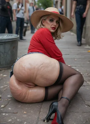 60 years old, platinum blonde granny, (cellulite:1.2), (tall mature woman), street whore, street slut, blonde hair, (ruined vulgar makeup:1.4), red lipstick, torn red sunhat, (oiled glossyshiny skin:1.3), high heels, tight torn skirt, torn fishnet stockings, gang bang, (forced sex), humiliation, (big labia cameltoe:1.4), (cummed gaped anus), (cummed gaped vagina:1.3), ((laying on a trash bin)), (pooping hard), (torn dirty clothes), (very drunk), alcoholic, scared, screaming, cum dripping of mouth, (ass), (pussy), dirty alley, trash, ((having sex with a crowd of black men)), .