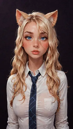 (reiq meets innv and Jack cayless art style), (Incase style:1.2), beautiful girl, blonde long hair, (cat ears), ((tie-front top:1.5)), bangs over eye, symmetrical blue eyes, snub nose, plumb lips, parted lips, half-closed eyes, perfect natural breasts, curly hair, erect puffy nipples, 1girl, solo, face focus, beautiful curves of the body, realistic detailed, deep insertion, intim light, cat uniform, (simple dark background:1.8), skin texture, futuristic-fantasy-anime, incase, style, <lora:sd_xl_turbo_lora_v1-64dim:2>, <lora:futureistic_fantasy_anime_sdxl_v1:2>, <lora:Incase_Style__SDXL:2>