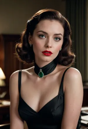 A highly detailed cinematic portrait of Evelyn Blackwood, a mysterious elegant 35-year-old widow in 1947 New York noir style, tall and slender aristocratic beauty with a refined delicate bone structure, high cheekbones, pale porcelain skin with a cool undertone, sharp intelligent green eyes with a cold distant gaze, full dark-red lips, perfectly coiffed black wavy hair in a classic 1940s Hollywood wave, subtle dark eyeliner and red lipstick.
She has a miniature small firm breasts, narrow delicate hips, slim waist, long elegant legs, and a graceful almost fragile yet commanding feminine silhouette.
She wears a form-fitting black silk mourning dress with a high collar and subtle sheen that clings to her slender body, black gloves, a single emerald ring on her finger, pearl earrings.
Standing in a dimly lit private detective’s office at night, rain streaking down a dirty window behind her, cigarette smoke floating in the air, soft dramatic chiaroscuro lighting from a single desk lamp casting deep shadows across her face and body, film noir atmosphere, moody, mysterious, seductive yet cold and dangerous expression.
Shot on 35mm film, shallow depth of field, ultra-detailed skin texture, realistic fabric folds, volumetric lighting, high contrast black-and-white with selective color on her green eyes and red lips, cinematic composition, masterpiece, best quality, highly detailed.
