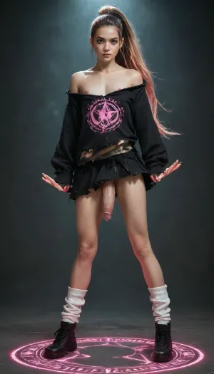 (Cinematic), Japanese 28 years old femboy, beautiful face, witch charactor, pink nipples, slim legs, freckles, pretty face, fierce look, flat chested, muscular, tall, pastel streak hair, (oversized hoodie offshoulder), pleats skirt, (He was attacked by magic from another witch and his clothes are tattered and torn:1.2), (his clothes jagged and ripped), (skin peeks through the gaps in the torn clothing:1.3), flying using magical power while riding a big magic circle, very long straight hair, high-ponytail, loose socks, black shoes, lift up skirt, battlefield of magic fantasy world, extreme realism, huge dick, dick sticking out of clothes