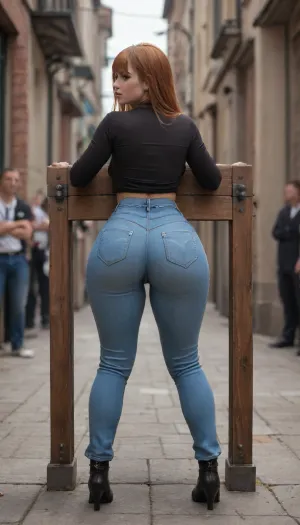 Full body view, (((back view))), ((large bubble butt:1.5)), 18yo stunning sexy secretary, slim waist, ginger hair with straight bangs, (((tight jeans pants))), high black boots, small legs, ((looking at viewer)), lora, ahxl_v1, 1.7>, sad looking, bottomheavy, big, ass, huge, gigantic, thick, thighs, massive, jia, pillory, <lora:Creat0r_MagicDetailzV2_FIX:2>, <lora:bottomheavy_v1_sdxl_LoRA:2>, <lora:jia_SDXL_2_:2>