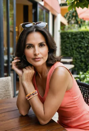 Sexy mommy. mature 50-year-old wife. well fed body. Nicely titted. Slightly curvy figure, ideal proportions, waist circumference = 70% of hip circumference, bust circumference = 65% of waist circumference, slightly curvy with a defined waist., ((Very feminine figure)), defined hip, hip=120% of shoulder., (((Mature, older woman))), . horny sexy mum. beautiful, very enchanting and attractive, very well-endowed. Very mature, very grown-up and self-assured. Rectangular face. Height 170 cm. Weight 80kg. Bust 85C. very sagging breasts. Dark brunette hair. Typical mother’s body. Very sturdy plump legs., ((round buttocks)), ., (strong wide feminine hips), . Wide fertile pelvis. small tummy. Round buttocks., (Pronounced waist), . Sturdy round thighs., ((Strong thighs and hips)), ((sturdy legs)), strong sturdy upper arms. Dark brunette long bob cut., (((Highly sexualised))), (((objectified woman))), sexually inviting explicit pose, (((depicting woman as male sex object))), .

The photograph captures a relaxed outdoor café scene on a bright, sunny day. In the foreground, a person is seated at a wooden table, leaning forward with both elbows resting comfortably on the tabletop. One hand supports the chin while the other gently cups the side of the face, creating a thoughtful and content pose. The expression is warm and subtle, with a slight smile and eyes directed off to the side, suggesting attention to someone or something outside the frame rather than the camera. Dark, shoulder-length hair frames the face naturally, while a pair of sunglasses rests casually on top of the head. The individual is wearing a sleeveless dress in vivid shades of pink and coral with a delicate textured or patterned appearance, giving the outfit a summery and cheerful feel. Several colorful bracelets decorate one wrist, including bright red, yellow, and pink bands, complemented by a matching beaded bracelet on the other wrist. A slim black fitness tracker or smartwatch is also visible, adding a modern everyday accessory. In front of the person stands a tall, decorative crystal-style glass containing a refreshing drink with ice, a black straw, fresh mint leaves, and slices of citrus fruit, likely orange or grapefruit, creating an inviting splash of green and orange against the clear glass. The wooden table bears a few scattered crumbs, hinting that food or snacks were recently enjoyed. Around the table are lightweight café chairs in muted brown tones. Behind the subject stretches a spacious terrace enclosed by a black metal railing. Large brick walls with tall, white-framed windows dominate the background, reflecting sunlight and nearby surroundings. Through the windows, faint interior details and reflections can be seen, while a cream-colored patio umbrella is partially visible outside., <lora:sunglasses_on_head-000008:.8>, <lora:Picture_enhancer:.8>