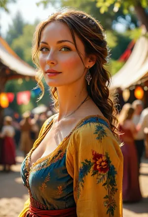(smooth rendering and vibrant colors:1), outdoor, artistic, low angle, side view, low-angle, 40 yo, mature belle woman, Medieval festival atmosphere, Sunlight casts shadows across her body, natural beauty, casual, summery, rustic, nature, professional, detailed background, illustrated, /KlTTY-ART/, <lora:COMFYUI_mimic_landscape_-_XL_SDXL v2.0:.1>, <lora:attractive_notrigger:.1>, <lora:PerfectEyesXL:.1>, <lora:MJ52:.1>