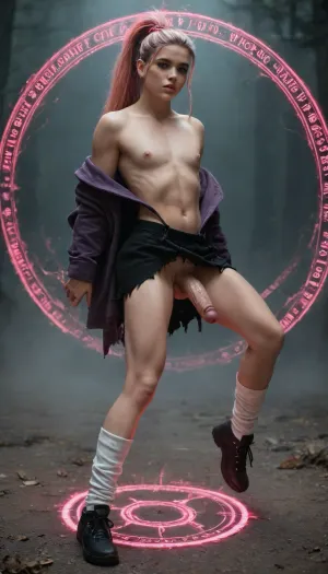 (Cinematic), Japanese 28 years old femboy, beautiful face, witch charactor, pink nipples, slim legs, freckles, pretty face, fierce look, flat chested, muscular, tall, pastel streak hair, (oversized hoodie offshoulder), pleats skirt, (He was attacked by magic from another witch and his clothes are tattered and torn:1.2), (his clothes jagged and ripped), (skin peeks through the gaps in the torn clothing:1.3), flying using magical power while riding a big magic circle, very long straight hair, high-ponytail, loose socks, black shoes, lift up skirt, battlefield of magic fantasy world, extreme realism, huge dick, dick sticking out of clothes, erect dick