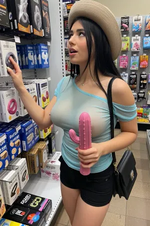 The photo shows a young busty woman standing in a sex shop., (She is wearing a very thin light blue sleeveless top with loose-fitting, large armholes:1.3), . She looks very intrigued by the things she is seeing. She is also wearing black shorts and a beige hat. The woman has long dark hair and is holding an extra large pink cactus-shaped dildo in her hand and a black handbag over her shoulder. She is reaching out with her other hand to pick or examine an item from a shelf. The store shelves around her display various boxed products, mostly condoms and lube and various sextoys. The overall setting is bright and clean, with a tiled floor and well-organized shelves.