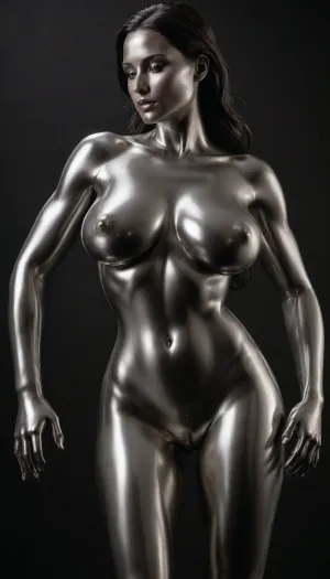 shiny liquid metal statue, large round breast, shaved, strong body, wide hips, fullbody