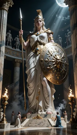 A colossal and awe-inspiring statue of Athena standing inside a magnificent temple dedicated to her in ancient Greece, imagined in a mythic and epic fantasy style. The goddess is depicted as the divine protector of wisdom and war, towering over the vast temple sanctuary with an overwhelming sacred presence. Her expression is calm, intelligent, stern and eternal, as though she is silently judging heroes and kings. She wears an ornate crested helmet, an elaborately sculpted peplos flowing in majestic folds, and the aegis across her chest, bearing the fearsome head of Medusa as a divine protective emblem.

In one hand she holds a long gleaming spear pointed upward, and at her side rests a massive round shield engraved with legendary battle scenes, owls, olive branches and sacred geometric motifs. The statue appears to be carved of radiant marble and embellished with gold, ivory and subtle blue accents, giving it an almost divine glow. Her eyes seem faintly luminous, as if touched by the presence of the goddess herself.

The temple interior is vast, majestic and otherworldly, with immense marble columns rising into shadow, elaborate friezes depicting gods and heroes, sacred braziers burning with golden fire, incense smoke curling through shafts of light, and offerings placed at the feet of the statue. Moonlight and divine light pour into the sanctuary, mixing with torchlight and creating dramatic beams, luminous haze and deep shadows. The atmosphere is sacred, mystical and epic, as if the boundary between mortal world and divine realm is thin within this place.

Tiny worshippers and priestesses in flowing ancient Greek robes kneel or stand in reverence near the base of the statue, emphasizing its monumental scale. The whole scene should feel like a lost myth made visible, grand, divine, timeless and powerful. Epic fantasy atmosphere, ancient Greek mythological aesthetic, sacred grandeur, cinematic lighting, volumetric light, monumental scale, ultra detailed, richly textured marble and gold, photorealistic fantasy, dramatic, majestic, divine atmosphere, wide cinematic composition.