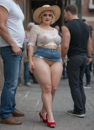 60 years old, platinum blonde granny, (cellulite:1), (tall mature woman), street whore, street slut, blonde hair, (ruined vulgar makeup:1.4), red lipstick, torn red sunhat, (glossyshiny skin:1.3), high heels, tight torn skirt, torn fishnet stockings, gang bang, (forced sex), humiliation, (cummed gaped anus), (cummed gaped vagina), ((lying on a trash bin)), (pooping hard), (torn dirty clothes), (very drunk), alcoholic, scared, screaming, cum dripping of mouth, (ass), (pussy), dirty alley, trash, ((having sex with a crowd of black men)), .