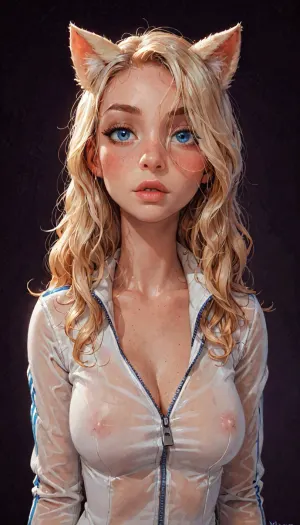 (reiq meets innv and Jack cayless art style), (Incase style:1.2), beautiful girl, blonde long hair, (cat ears), ((work zip blouse:1.5)), (transparent top), bangs over eye, symmetrical blue eyes, snub nose, plumb lips, parted lips, half-closed eyes, perfect natural breasts, curly hair, erect puffy nipples, 1girl, solo, face focus, beautiful curves of the body, realistic detailed, deep insertion, intim light, cat uniform, (simple dark background:1.8), skin texture, futuristic-fantasy-anime, incase, style, <lora:sd_xl_turbo_lora_v1-64dim:2>, <lora:futureistic_fantasy_anime_sdxl_v1:2>, <lora:Incase_Style__SDXL:2>