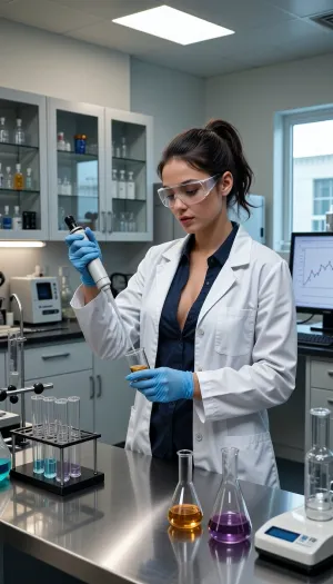 A cinematic, photorealistic scene of a female scientist working inside a modern chemical laboratory. She is attractive, with dark brown hair securely tied back in a practical ponytail. She wears a clean white laboratory coat over a dark shirt with a deep cleavage, clear protective safety goggles, and blue nitrile gloves.

She stands at a stainless-steel laboratory bench, completely absorbed in a precise chemical experiment. In one hand she carefully operates an adjustable micropipette, transferring a small amount of liquid into a glass sample vial held steadily in her other hand. Her posture and hand placement are deliberate and professionally competent. Her expression is focused, calm, and analytical, with her eyes directed toward the experiment rather than the camera.

The laboratory is spacious, clean, contemporary, and scientifically credible, with glass-fronted chemical cabinets, neatly arranged reagent bottles, accurately proportioned laboratory glassware, test-tube racks, graduated cylinders, Erlenmeyer flasks, digital scale, and modern analytical instruments. A nearby computer monitor displays a subtle chemical analysis graph. Only a few samples contain restrained translucent colors such as pale blue, amber, and muted violet.

Cool natural daylight enters through large laboratory windows and blends with crisp overhead task lighting, creating clean reflections across glass and stainless steel. The composition feels candid and authentic, capturing a real scientist during an important stage of her research. Modern chemical research laboratory, believable safety procedures, realistic scientific equipment, accurate glass transparency, natural human anatomy, realistic hands, detailed skin and fabric textures, shallow depth of field, cinematic 35mm photography, crisp subject focus, softly blurred background, sophisticated neutral color palette, professional atmosphere, high detail, visual storytelling, no posing, no awareness of the camera.