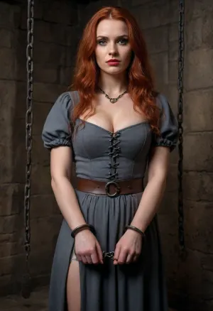 (masterpiece, best quality:1.2), photorealism, studio photo, UHD, 8k, medieval interrogation chamber, rusty chains hanging from the ceiling, dim torchlight, rough stone walls, cinematic lighting, moody atmosphere, high detail, realistic textures, dark medieval tone, detailled face, beautiful serbian woman, 30 years old, long red hair, (dark glamour makeup:1.2), busty, wearing a grey medieval dress, her hands are tied by massive rusty handcuffs, she knows that a harsh interrogation by the inquisitor awaits her, handscuffs, handcuffed, <lora:handcuffs_XL_1_-000007:.8>