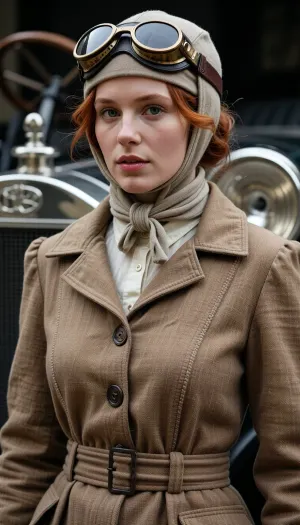 Historical 1910 period photorealism, medium shot, based on specific museum patterns for early motoring outerwear. The subject is the woman with red-auburn hair and green eyes from image_8.png, but completely stripped of any non-period elements. The central garment is a specialized 1910 tubular anti-shaped linen smock, (пыльник), made of coarse, heavy, unbleached brown linen canvas. This garment must be an un-waisted A-line bag-cut sack, dropping directly from natural shoulders, creating a completely flat, non-fitting front chest and torso panel. Zeros darts, Zeros tailoring, Zeros waist seam, Zeros belt, Zeros pockets, Zeros darts, Zeros pocket flaps. Front closure uses oversized, flat dark wood buttons on a seamless, flat placket. Rising from the neck is the simple, high standing band of a plain canvas blouse. Above this is a wide, flat, raw-edge fold-over collar. Her head is enclosed in a severe, rigid utility head chassis, (capor), to which a massive, heavy fabric dust seal is integrated. A length of heavy, non-transparent linen is pulled tight over the chassis, wrapped multiple times under her chin and tied in a bulky, utilitarian, firm knot. Vintage 1910 brass and dark leather motoring goggles are strapped across the forehead of this heavy head gear. Natural overcast light. Background, The detailed, polished nickel radiator of the 1910 Rolls-Royce Silver Ghost from image_8.png, but closer and softly out of focus. Fine film grain, realistic f/2.8 bokeh, 1910 historical accuracy, coarse textile weave, dust texture.
