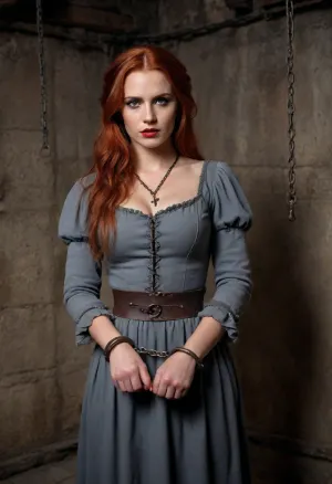 (masterpiece, best quality:1.2), photorealism, studio photo, UHD, 8k, medieval interrogation chamber, rusty chains hanging from the ceiling, dim torchlight, rough stone walls, cinematic lighting, moody atmosphere, high detail, realistic textures, dark medieval tone, detailled face, beautiful serbian woman, 30 years old, long red hair, (dark glamour makeup:1.2), busty, wearing a grey medieval dress, her hands are tied by massive rusty handcuffs, she knows that a harsh interrogation by the inquisitor awaits her, handscuffs, handcuffed, <lora:handcuffs_XL_1_-000007:.8>