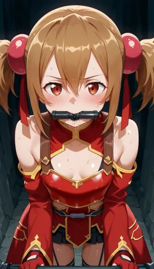 Silica from Sword Art Online, petite build with brown hair in twintails, flat-chested, in a "ponygirl" outfit, pulling a cart with a bit gag in her mouth, wearing a leather harness with a plume, sweating from exertion, anime art style, fanart, explicit, nsfw