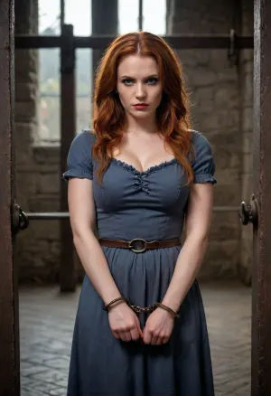 (masterpiece, best quality:1.2), photorealism, studio photo, UHD, 8k, medieval interrogation chamber, dim torchlight, rough stone walls, cinematic lighting, moody atmosphere, high detail, realistic textures, dark medieval tone, detailled face, beautiful serbian woman, 30 years old, long red hair, (dark glamour makeup:1.2), busty, wearing a gray dress, her hands are tied by massive rusty iron handcuffs, standing in front of a pillory, she knows that a harsh interrogation by the inquisitor awaits her, handscuffs, handcuffed, torn, fly, down, at, _______, <lora:handcuffs_XL_1_-000007:.8>, <lora:tornclothesv6-8:.8>