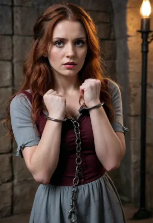 (masterpiece, best quality:1.2), photorealism, studio photo, UHD, 8k, medieval interrogation chamber, dim torchlight, rough stone walls, cinematic lighting, moody atmosphere, high detail, realistic textures, dark medieval tone, detailled face, beautiful serbian woman, 30 years old, long red hair, eerie dark makeup, wearing a gray dress, her hands are tied by massive rusty iron handcuffs, handscuffs, handcuffed, torn, fly, down, at, _______, <lora:handcuffs_XL_1_-000007:.8>, <lora:tornclothesv6-8:.8>