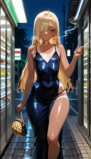 1girl, solo, (3/4 body), blonde woman with messy long hair, fringe covering one eye, freckles, tanned skin, bags under eyes, half closed eyes, thousand yard stare, thin face, waiting outside convenience store, one foot up, smoking lit cigarette, visible collarbone, pear shaped, hint of ribs, flat chest, wide hips, thick thighs, narrow waist, red sequinned dress with hip cutouts, panties visible, hip bones showing, gold chain purse, red stilettos, gold choker, large hooped earrings, blue nail polish, bright fluorescent light from behind, wet pavement, small puddles, (night), absurdres, highres