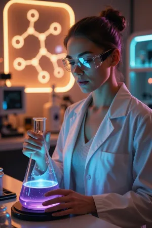 A cinematic medium shot of a talented female scientist in an ultra-modern, high-tech chemistry lab, her expression focused and confident. She is observing a chemical reaction in an elegant borosilicate glass Erlenmeyer flask, which emits a neon-blue glow, and above the glowing purple liquid. She wears a white lab coat over her everyday clothes, with modern safety goggles covering her eyes. In the background is a glowing holographic panel displaying a schematic representation of a complex molecule, modern analytical equipment with soft bokeh, and soft architectural LED lighting. Photorealism, dramatic cinematic lighting, shallow depth of field—a masterpiece.