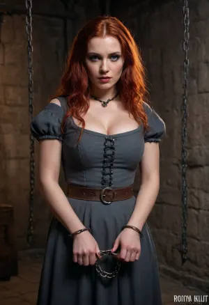 (masterpiece, best quality:1.2), photorealism, studio photo, UHD, 8k, medieval interrogation chamber, rusty chains hanging from the ceiling, dim torchlight, rough stone walls, cinematic lighting, moody atmosphere, high detail, realistic textures, dark medieval tone, detailled face, beautiful serbian woman, 30 years old, long red hair, (dark glamour makeup:1.2), busty, wearing a grey medieval dress, her hands are tied by massive rusty handcuffs, she knows that a harsh interrogation by the inquisitor awaits her, handscuffs, handcuffed, <lora:handcuffs_XL_1_-000007:.8>