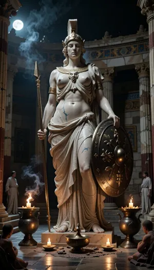 A monumental ancient Greek statue of Athena standing inside a temple dedicated to her in Classical Greece, around the 5th century BCE, at night. The sacred sanctuary is dimly illuminated by flickering oil lamps, bronze braziers, and small offerings burning before the goddess, creating a solemn, mysterious and reverent atmosphere. Athena’s towering statue dominates the temple interior, portrayed as a majestic warrior goddess with a calm, wise and commanding expression. She wears an ornate crested Corinthian helmet pushed slightly back from her face, a flowing peplos with richly sculpted folds, and the aegis across her chest bearing the head of Medusa.

In one hand she holds a long spear, and beside her stands a large round shield decorated with mythological reliefs. Owl and olive motifs are subtly incorporated into the design, symbolizing wisdom and Athens. The statue is made of pale marble with traces of ancient painted pigment and gilded ornament, historically inspired rather than plain white stone.

The temple interior is grand and shadowed, with tall fluted marble columns, painted friezes, carved stone walls, bronze vessels, votive offerings, and thin streams of incense smoke drifting upward in the darkness. Moonlight enters faintly from the temple entrance and upper openings, mixing with the warm firelight to create dramatic contrast across the statue’s face and robes. The atmosphere feels sacred, ancient, and almost supernatural, as if the goddess is silently watching over the city.

A few distant worshippers in historically appropriate ancient Greek robes kneel or stand in prayer near the edges of the chamber, small in scale compared to the immense statue. Historically inspired Classical Greek architecture, archaeological realism, sacred atmosphere, dramatic torchlight, cinematic shadows, volumetric smoke, highly detailed marble sculpture, realistic textures, photorealistic, moody, mysterious, majestic, museum-quality historical reconstruction, wide cinematic composition.